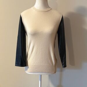 Ann Taylor Faux Leather Sleeve Cream and Black Wool Blend 3/4 Sleeve Sweater. Sm
